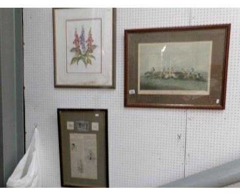 A horse racing print, a hunting collage and a floral print