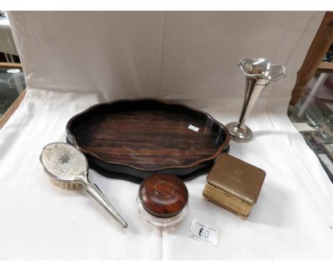 A wooden tray, trinket box, spill vase etc