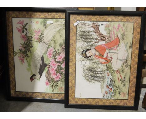 Assorted Chinese prints, embroideries and panels&nbsp;including a mother-of-pearl inset lacquered panel, a 20th century Chine
