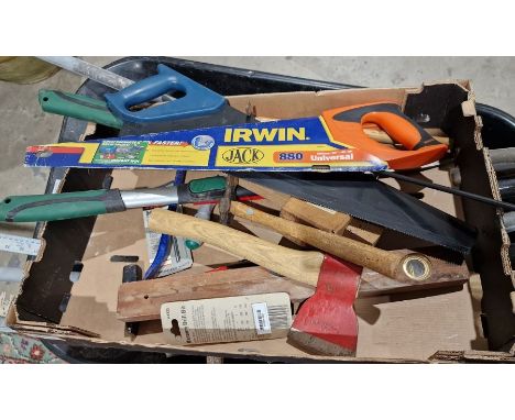 Assorted garden tools to include spades, forks, rakes, a pick axe, wheelbarrow, etc&nbsp;
