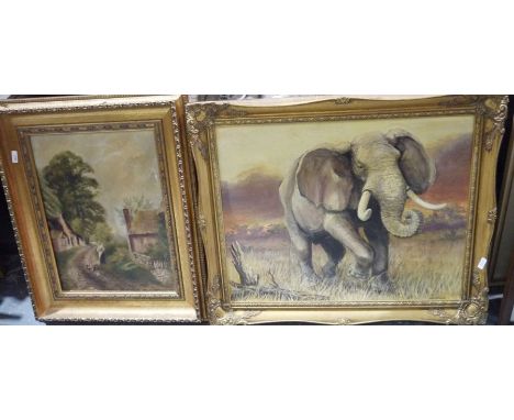 Group of oils, prints and drawings&nbsp;including oil on canvas of Victorian-style scene with farmers wife feeding chickens, 