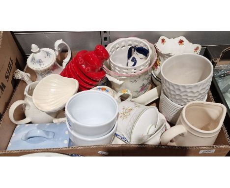 Five boxes of assorted china and glassware, an Olympus OM707 camera, a Leon Poole fencing sword, assorted prints, etc (6&nbsp