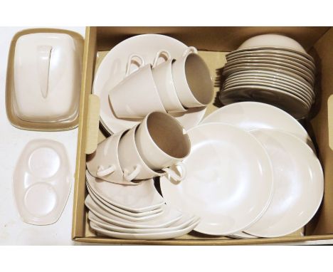 Quantity of Poole twin-tone pottery&nbsp;in brown and cream colourway to include cups, bowls, side plates, saucers, etc (1 bo