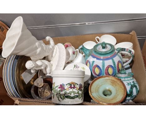 Portmeirion 'Botanic Garden' lidded pot, a Tintagel pottery teapot and milk jug, an Art Deco green glass dressing table set, 