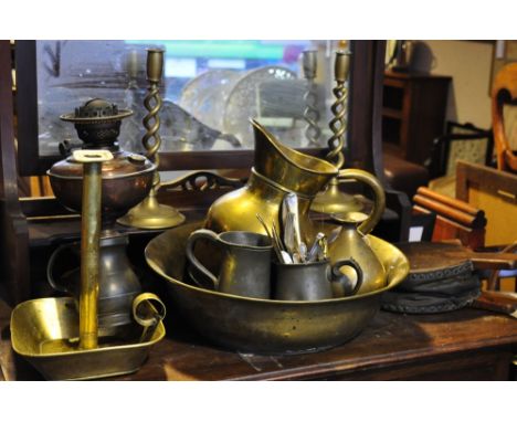 A quantity of assorted Victorian and later metalware including a copper coal scuttle, a brass candlestick, wash jug and basin