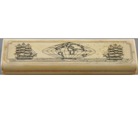 A scrimshaw style bone effect box, decorated with galleons and a globe. 