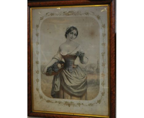 A Victorian coloured print, the fruit seller, maple framed. 