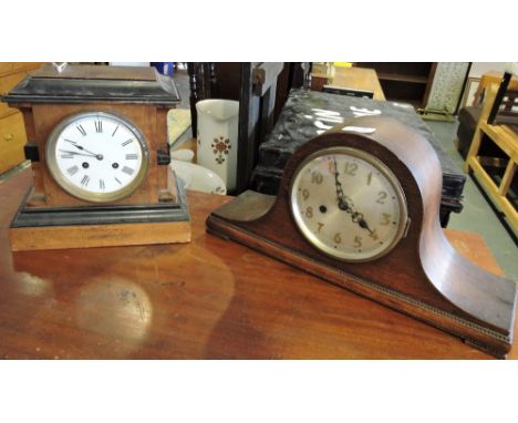 A late Victorian ebonised, walnut cased eight day mantle clock together with a later oak clock