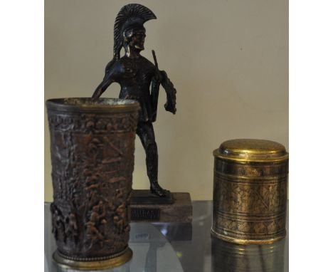 An Elkington style ex plated copper and brass beaker cast with a Medieval hunting scene, stamped HB, together with a Benares 