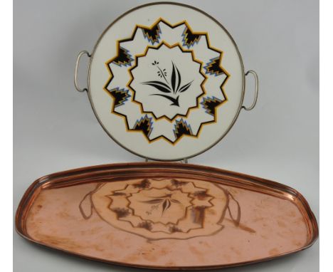 An early 20th century copper tray by Benson of flattened oval form, L:34cm together with a German pewter mounted Art Deco cir