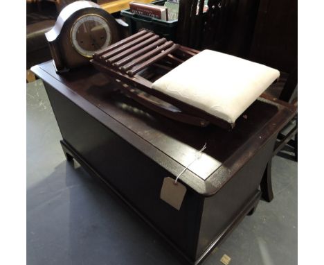 A modern mahogany blanket box together with a 1930s mantel clock, nest of tables and a stool