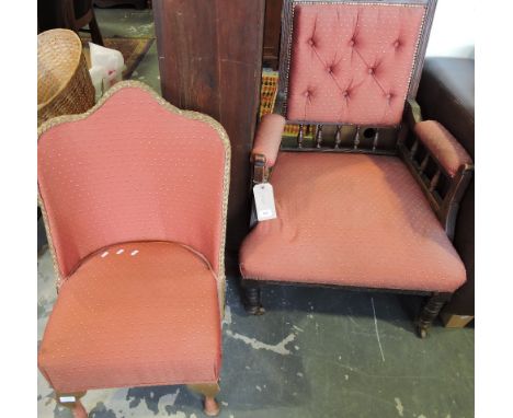 A late Victorian mahogany armchair, upholstered buttoned red fabric on ring turned legs, together with a similar side chair a