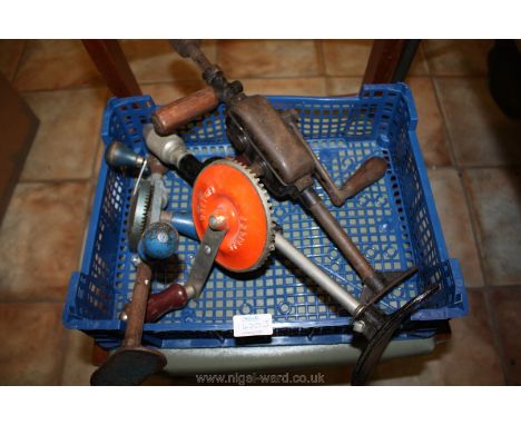 A large Stanley England breast Drill (as new), another breast Drill with gearbox drive and a "Footprint" breast drill.