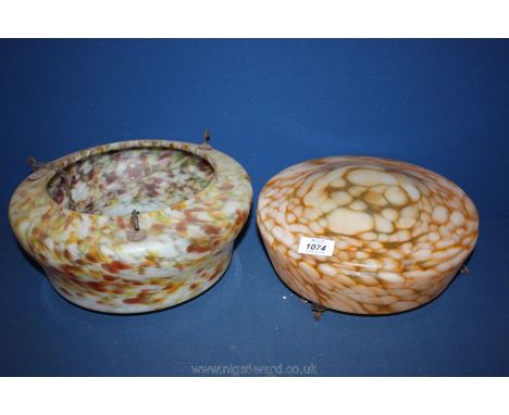 Two post-war glass Lampshades with chain, speckled brown and cream colour.