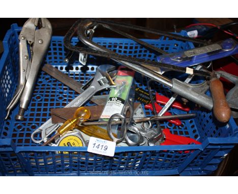 A quantity of tools including a large Mole Grips, a Draper adjustable square, a Draper 250 mm adjustable spanner, heavy duty 