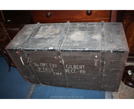 A drab painted metal bound wooden Trunk with lift-out slatted tray, labelled internally ''Herrn Dr Hans Reiter, Tamplitz bed 