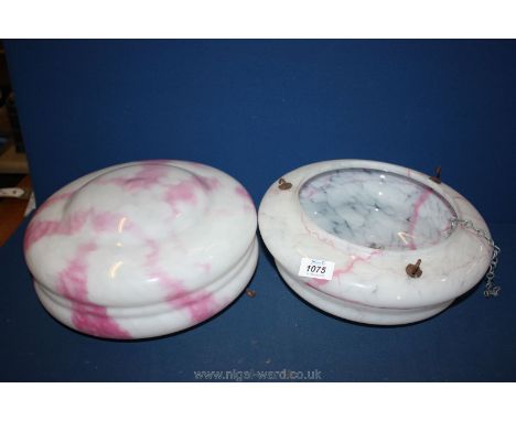 Two vintage glass Lampshades with three hooks for hanging chains, white and pink swirls.