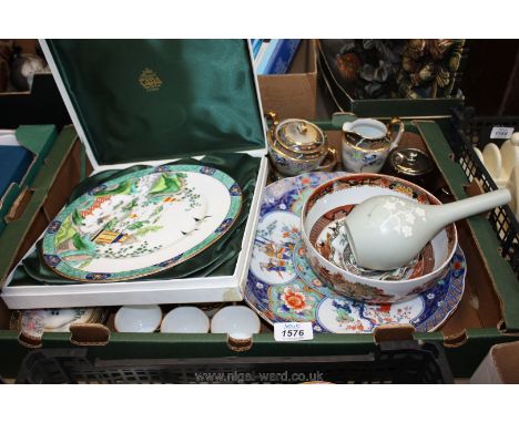 A part oriental Teaset in 'Mikoria' design, small brown and silver lustre teapot, Copeland Spode bud vase, large oriental dis