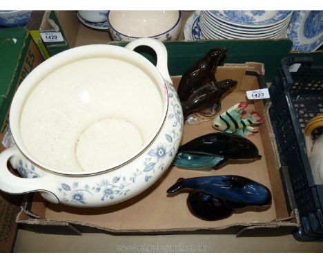 A quantity of china including large Royal Doulton 'Josephine' two handled bowl, two Poole dolphins, etc.
