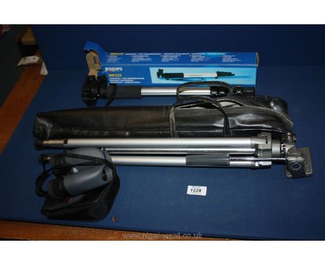 A pair of Chinon 9.21 x 25RB binoculars in case, a Velbon tripod stand in black case and a boxed Jessops monopod MP223 tripod