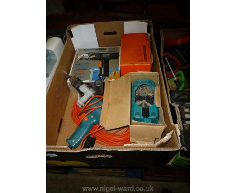 A quantity of tools including a Black &amp; Decker 2-speed Electric drill with a long lead, a circular saw attachment and a B