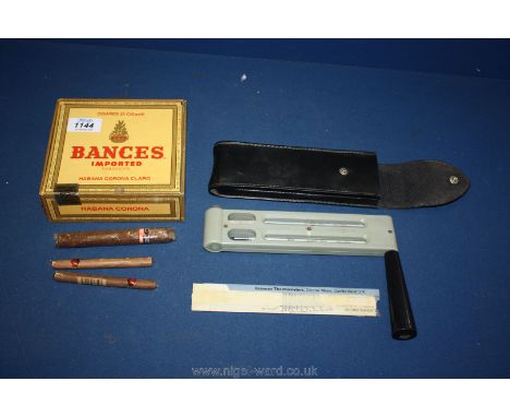 A Bances Imported Tobacco box with medium size cigar and two small cigars, Havanas; and a cased Brannon Thermometer for wet a