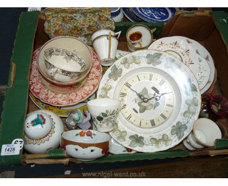 A quantity china to include Royal Worcester clock, ginger jar, two brown plates, cups and saucers, small German jug, etc.