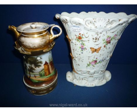 Paris porcelain, a good 19th c. veilleuse teapot on stand painted with a domestic interior and a chateau landscape (typical w