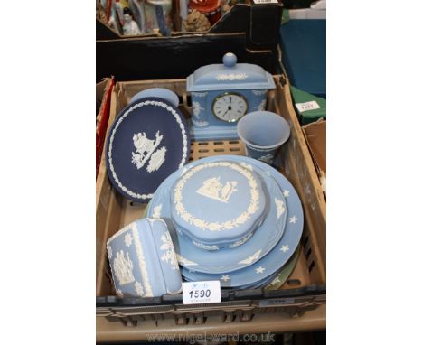 A quantity of china including Wedgwood plate, lidded pots, two small vases, clock, etc.