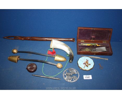 A small quantity of miscellanea to include small wooden box with key having cutting scalpels, scissors, blades etc., pair of 