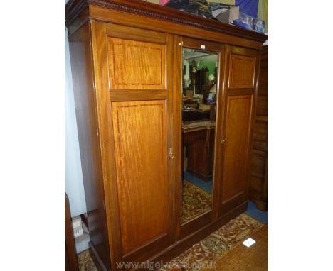 A good quality Edwardian cross-banded and light/dark wood strung Mahogany triple Wardrobe having to the left a flight of thre