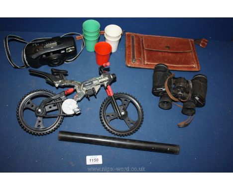 A quantity of miscellanea including Riva zoom 90EX Minolta camera, pair of Tasco binoculars 8 x 30, traditional measuring Rol