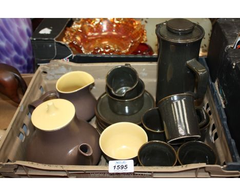 A studio pottery part coffee set and a Poole teapot, jug and sugar bowl.