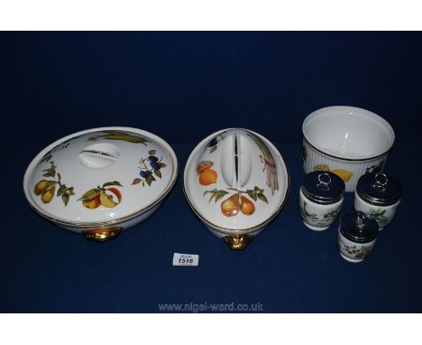 A quantity of Royal Worcester Evesham china to include, two tureens with lids, souffle dish, and three egg coddlers.