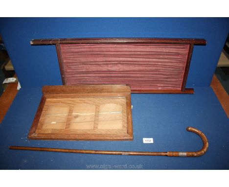 A walking stick, a/f , wooden triple photograph frame,small two piece curtained screen. etc.,