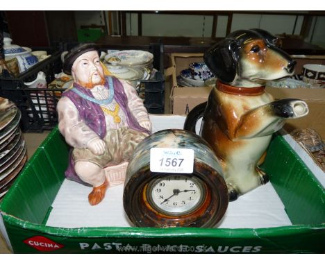 A Henry VIII Melba ware character jug, Daschund teapot and studio pottery clock.