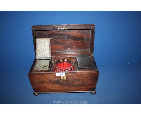 A wooden Tea Caddy with glass centre bowl (not original) and two compartments either side.