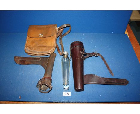 A saddle flask, a leather horn case and a leather cash bag.