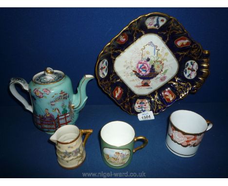 An interesting 19th c. English hot water pot and cover, chinoiserie decorated in the Penang pattern, a fine 18th c. coffee ca