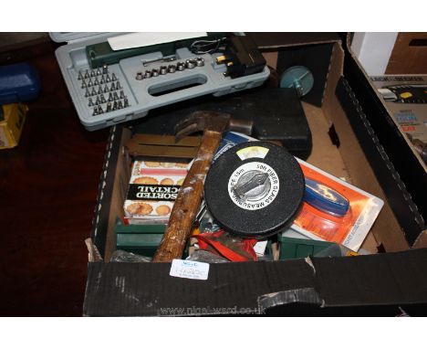 A quantity of tools including a cased 3.6 volt re-chargeable screwdriver and bits, a Draper Expert 6-23 mm pipe-cutting tool,