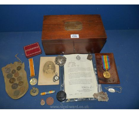 An Oak box with brass plaque inscribed 'A.J Buckley R.E Mesopotamia 1916-17-18' containing a WWI Victory medal and British Wa