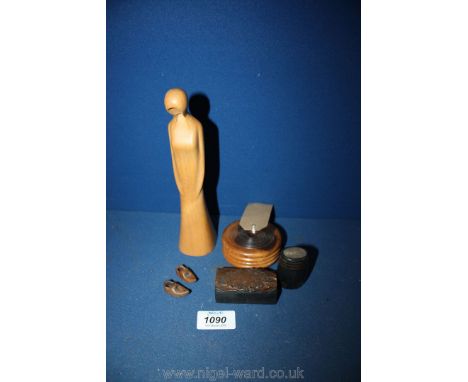A quantity of miscellanea including a lignum vitae puzzle snuff/pill Box, papier mache vesta case, small copper printing bloc