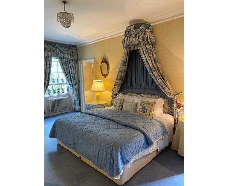 Traditional upholstered blue floral bedroom suite, comprising two single beds to make a super king size bed, with canopy and 