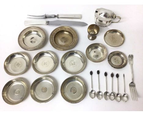 Quantity of silver, including mustard, Tiffany fork, continental egg cup, six coffee bean spoons and another spoon, eight ste