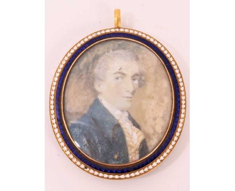 Late 19th / early 20th century portrait miniature on ivory, depicting a gentleman in blue coat, oval, 4.3 x 3.6cm, in fine gu
