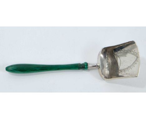 George III silver caddy spoon in the form of a shovel, with engraved decoration and green stained ivory handle (Birmingham 18
