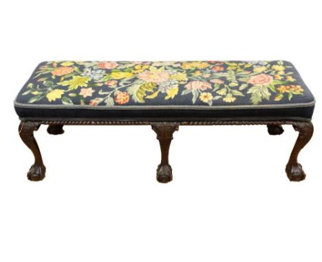 Good quality early 20th century Chippendale revival mahogany long stool, with finely embroidered cushion on gadrooned frieze 