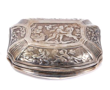 18th century Dutch silver snuff box, of cushion form, embossed with classical figural reserves, indistinctly marked, 8cm wide