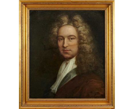 18th century, English School, oil on canvas - portrait of a bewigged gentleman, 50cm x 42.5cm, in gilt frame