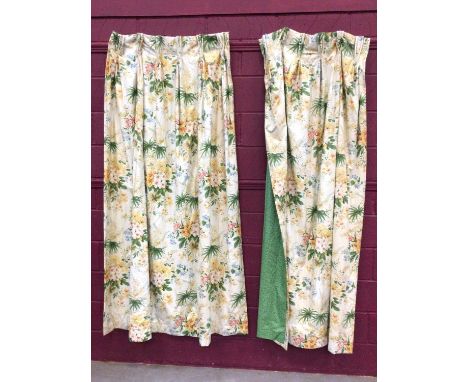 Two pairs floral chintz interlined curtains with pinch pleated tops measuring approximately 80cm x 206cm drop and 106cm x 218